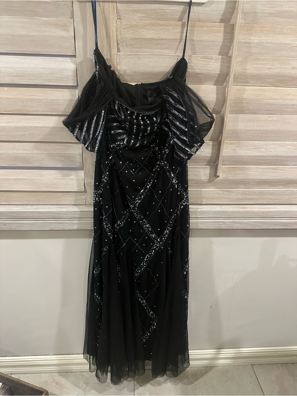Adrianna Papell Black Beaded Midi Dress with Ruffle Detail